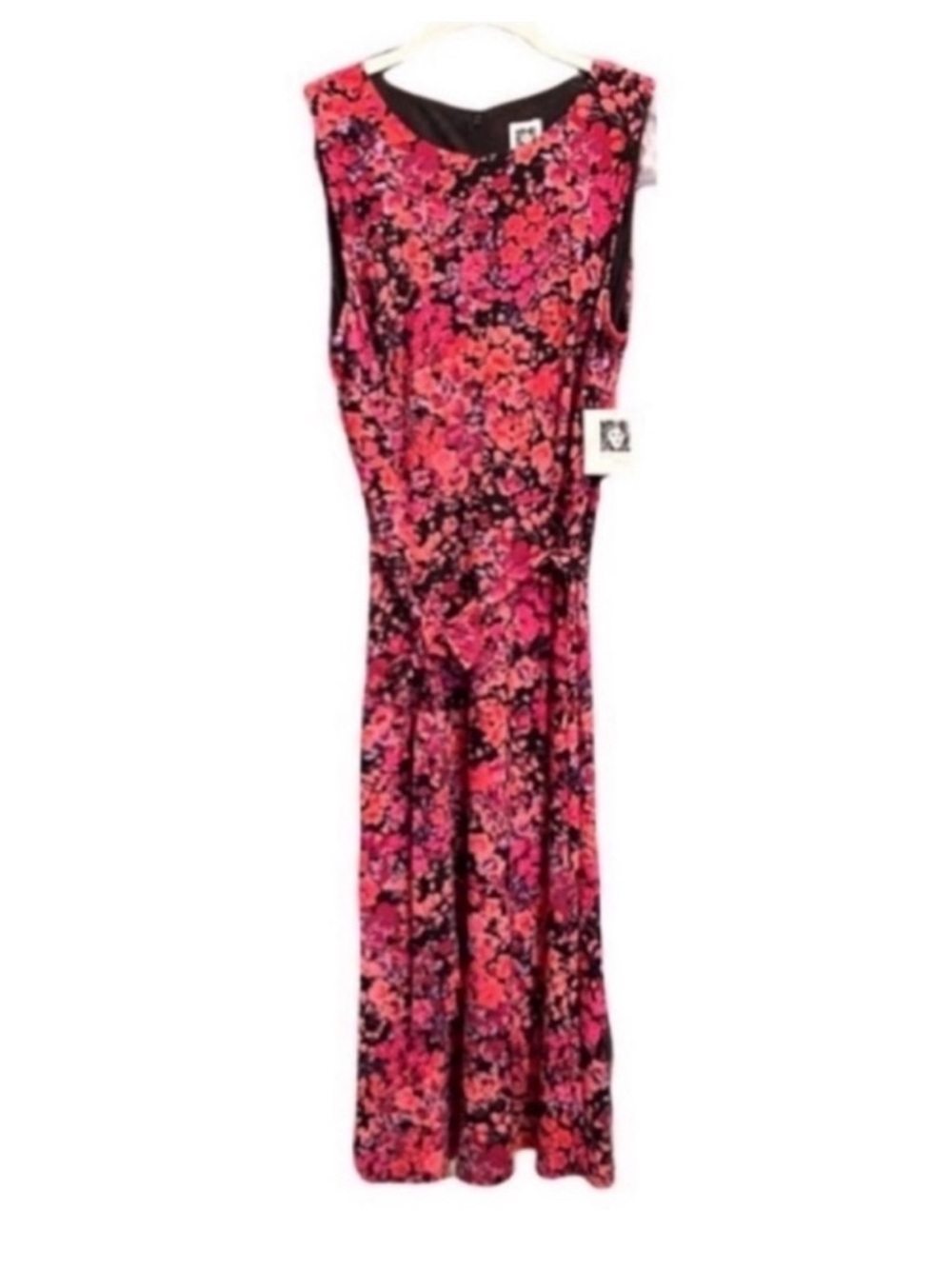 NEW Anne Klein Sleeveless Belted Mid Dress Jersey Floral Red Black Size 8